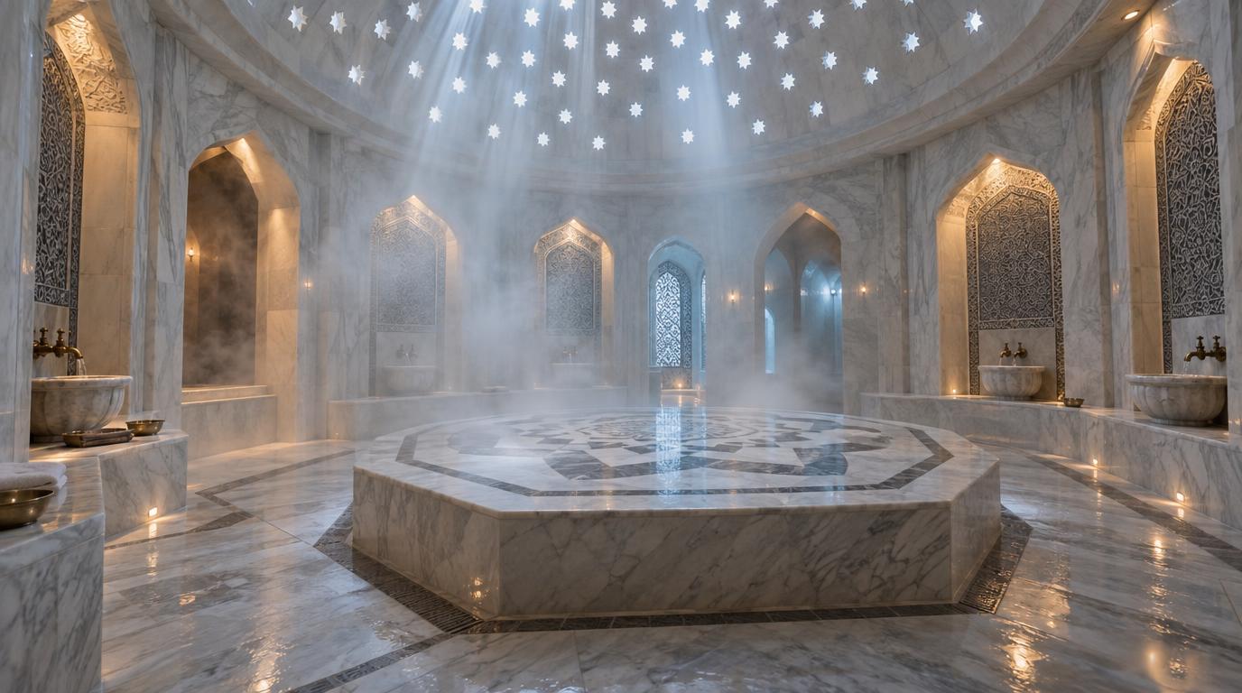 A marble hammam dome lit with small points of light like stars