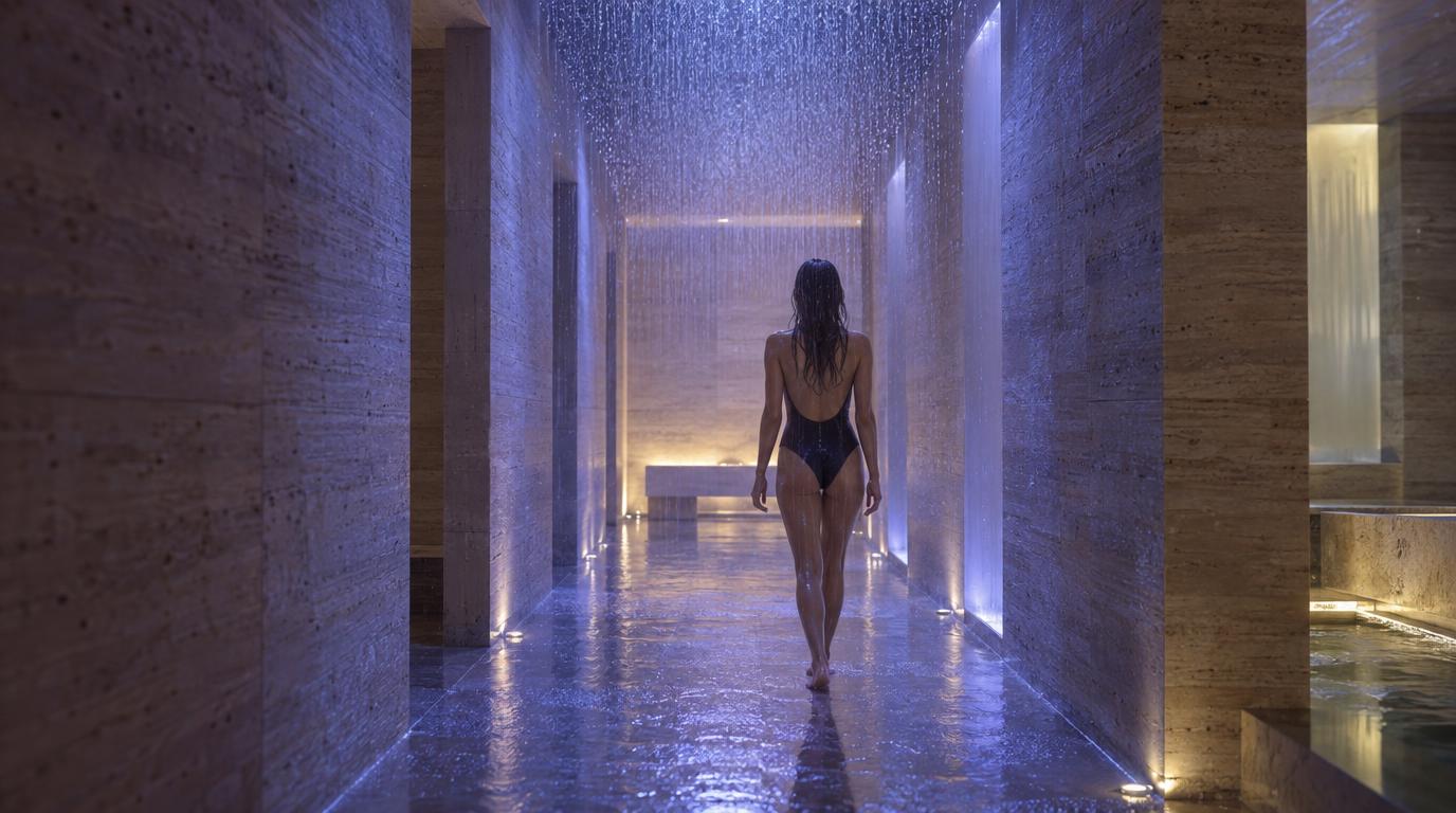 Warm rain falling in violet light through a travertine passage