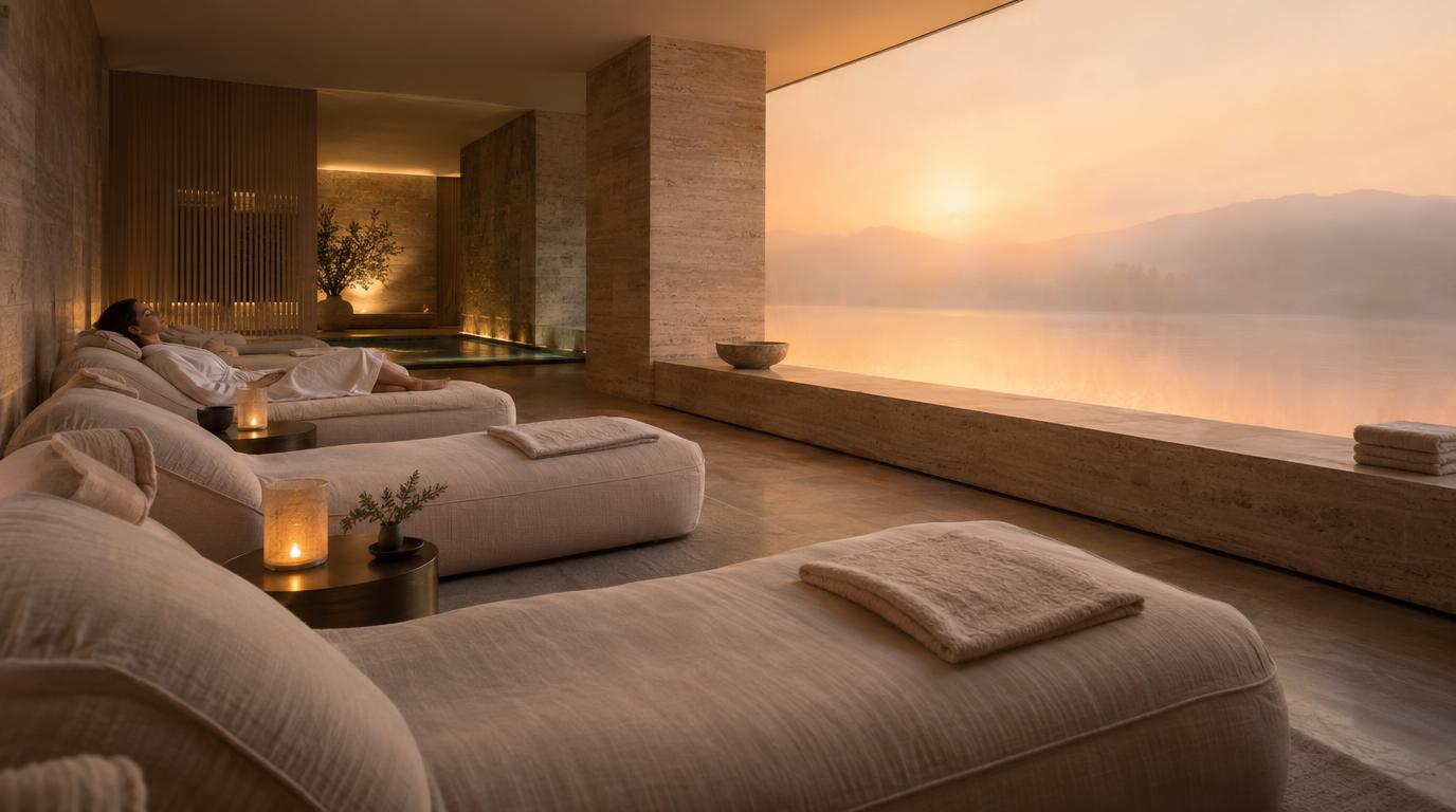 A calm rest room with loungers in front of a wall of dawn light