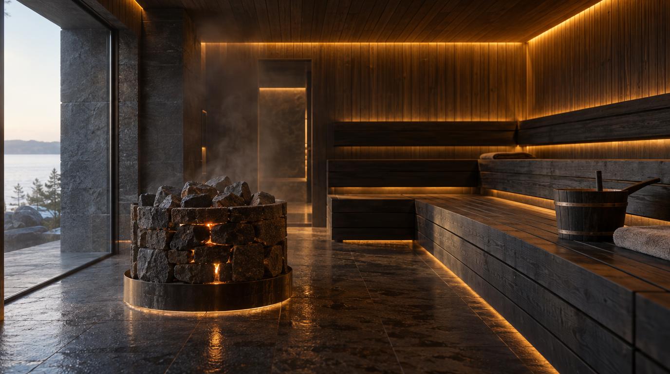 A dark timber sauna with tiered benches and a warm line of amber light