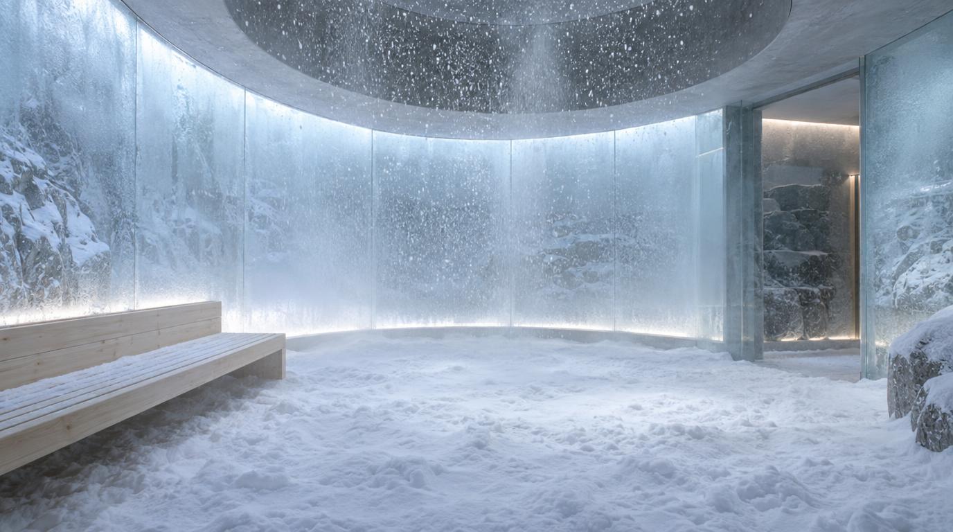 A snow room with frosted glass walls and snow falling from the ceiling